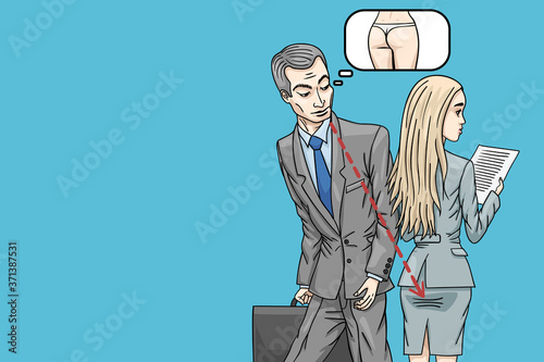 A male businessman undresses a female colleague with his eyes.