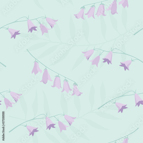 Vector seamless pattern with purple campanulas, mint leaves and mint background