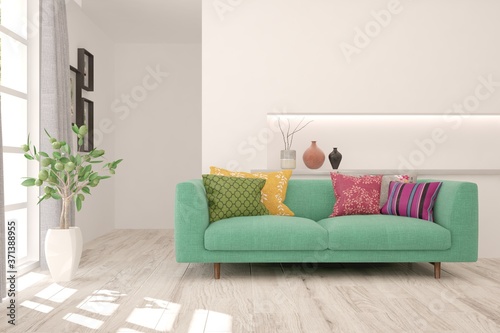 White stylish minimalist room with colorful, sofa. Scandinavian interior design. 3D illustration
