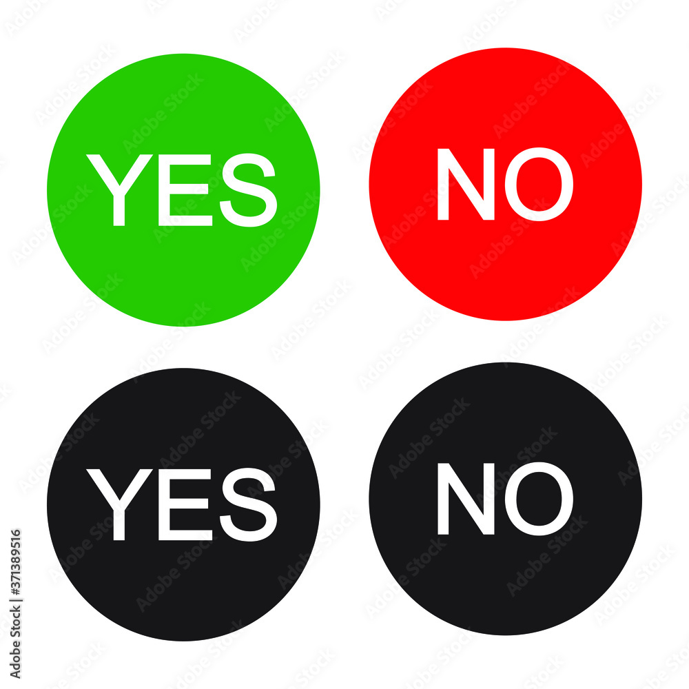 Yes and no vector button set. Red and green round shape vote icon. Poll and voting choice buttons. Panel checkout symbol sign. isolated on white background. Yes and no vector button set. Red and green round shape vote icon. Poll and voting choice buttons. Panel checkout symbol sign. isolated on white background.