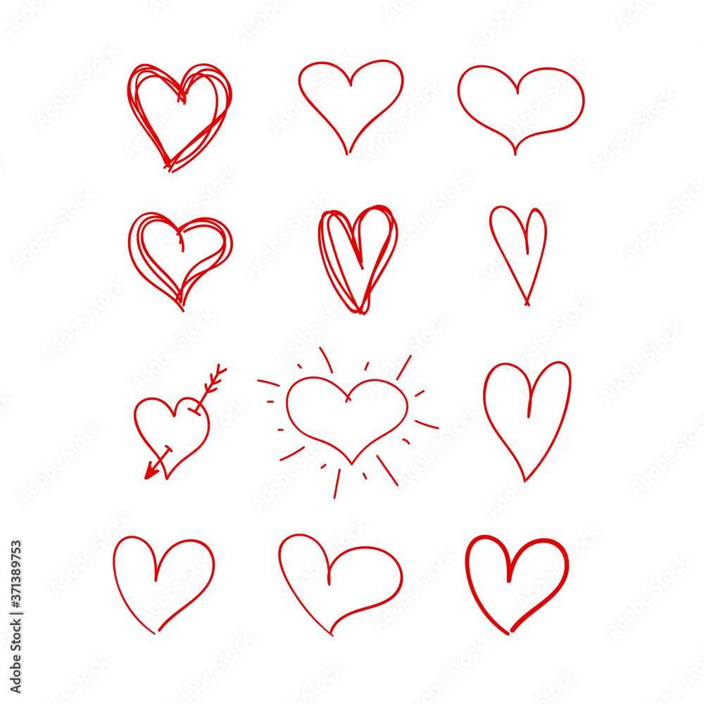 Vector hand drawn heart, red color, design elements set, freehand rough marker drawings isolated on white background.