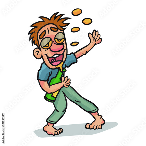 A drunk man standing waving his hand