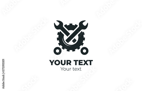 Industrial vector logo design concept. Gear shape with wrench symbol. Unique logotype for repair or service and maintenance business. Corporate icon template with tools silhouette.