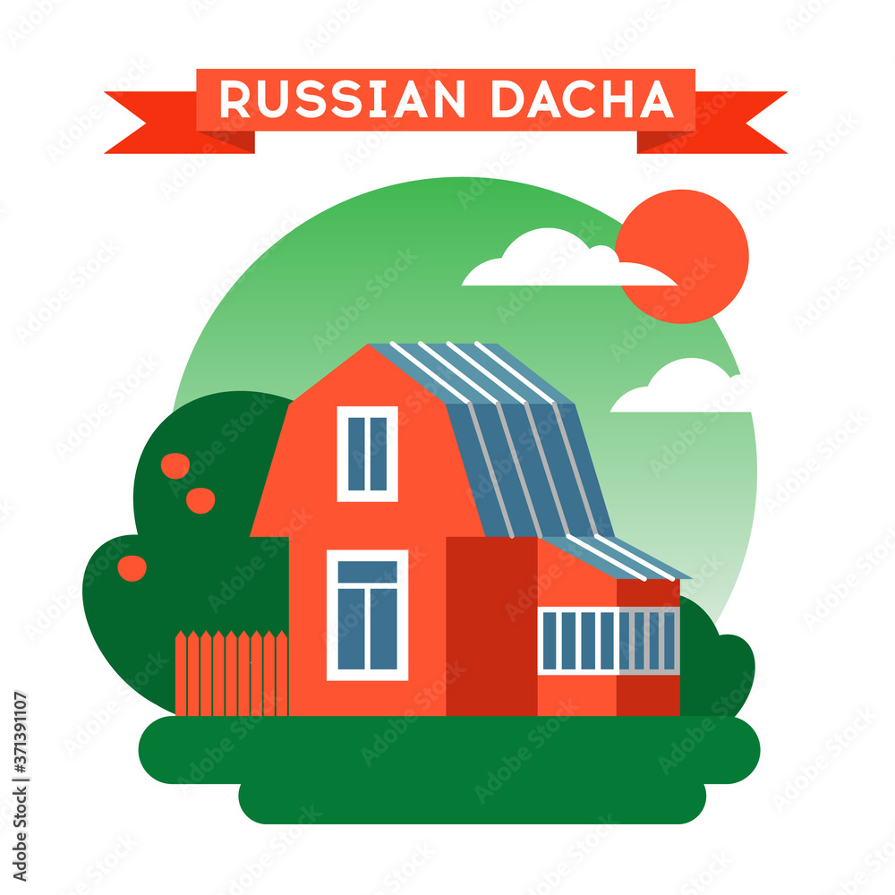 Vector illustration of russion dacha house in flat style with fence and garden Vector illustration of russion dacha house in flat style with fence and garden