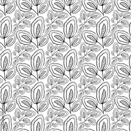 Inky wild meadow leaves seamless vector pattern background. Black and white line art dense repeat with mixed foliage and floral petals in loose folk style. Modern botanical all over print. © Gaianami  Design