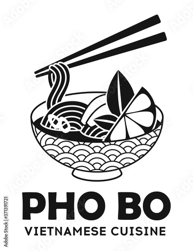 Vector illustration of tradidion vietnamese soup Pho bo isolated on white. Logo for asian restorant