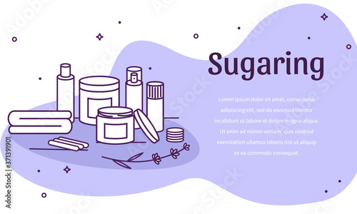 Vector illustration with various sugar or wax hair removal tools and cosmetic products, purple background. Outline illustration with different epilation elements, template or background.