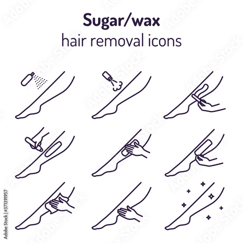 Sugaring and waxing hair removal icons. Steps and instructions how to do epilation with wax or sugar. Legs and hands with various depilation tools - stick, stripe, cartridge, and cosmetic products.