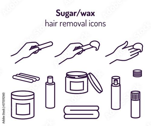 Sugaring and waxing hair removal icons. Hands with various depilation tools - stick, stripe, cartridge, and cosmetic products - lotion, talc, cream, paste.