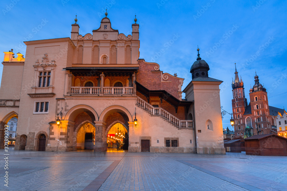 The Krakow Cloth Hall on the Main Square at dusk, Poland