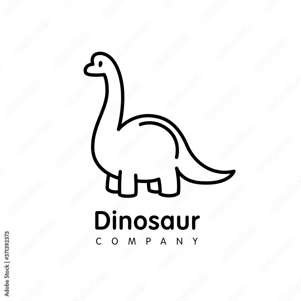 Vector logo design  in cartoon flat linear style.  Cute funny dinosaur- emblem, mascot, sticker or badge for kids store, center, packaging, clothes, company making child goods and products