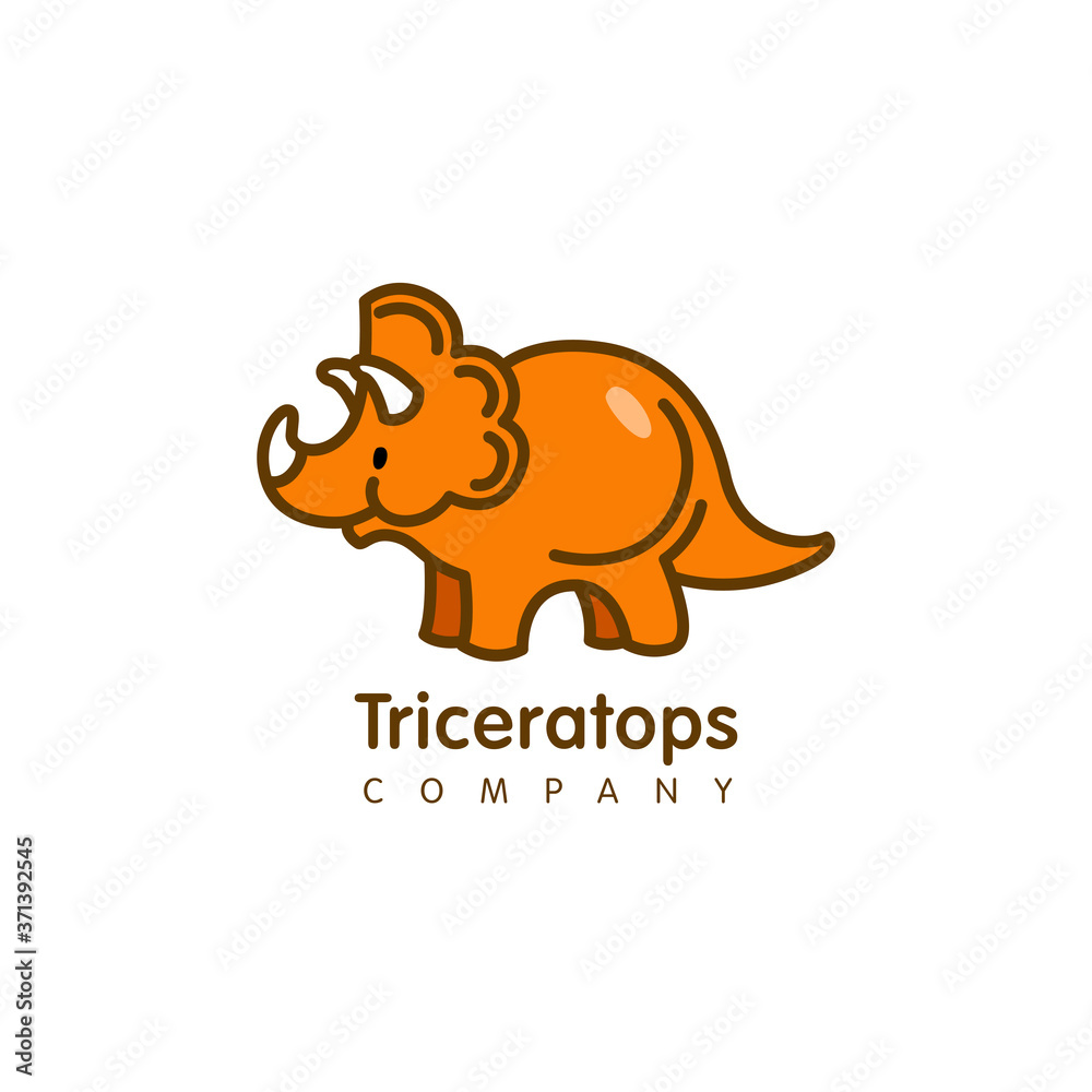 Vector logo design in cartoon flat linear style. Cute funny dinosaur, triceratops- emblem, mascot, sticker or badge for kids store, center, packaging, clothes, company making child goods and products Vector logo design in cartoon flat linear style. Cute funny dinosaur, triceratops- emblem, mascot, sticker or badge for kids store, center, packaging, clothes, company making child goods and products