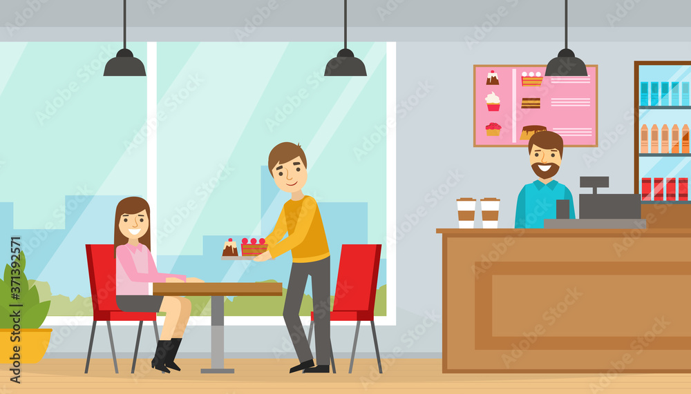 Young Man and Woman Eating Desserts at Table in Cafe, Cafeteria Interior Cartoon Vector Illustration