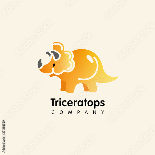 Vector logo design  in cartoon flat linear style. Cute funny dinosaur, triceratops- emblem, mascot, sticker or badge for kids store, center, packaging, clothes, company making child goods and products