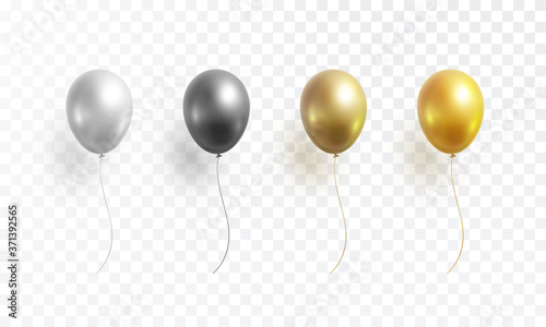 Balloon set isolated on transparent background. Vector realistic gold, golden, silver and black festive 3d helium balloons template for anniversary, birthday party design.