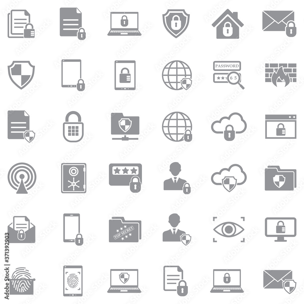 Business Data Protection Technology Icons. Gray Flat Design. Vector Illustration. Business Data Protection Technology Icons. Gray Flat Design. Vector Illustration.