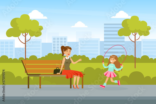 Mother and Daughter Walking Together in Summer Park  Cute Girl Jumping with Skipping Rope  Summer Outdoor Activity Cartoon Vector Illustration