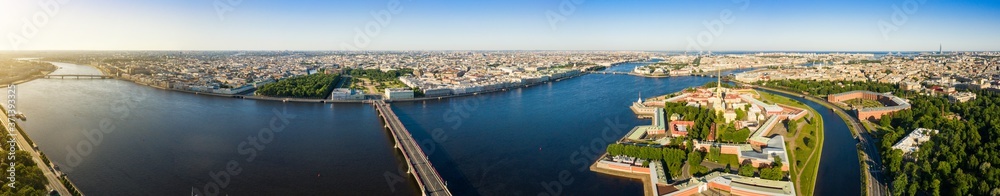 Panorama of the central part of St. Petersburg Troitsky Bridge and Aerial view of Peter and Paul Fortress in Saint-Petersburg