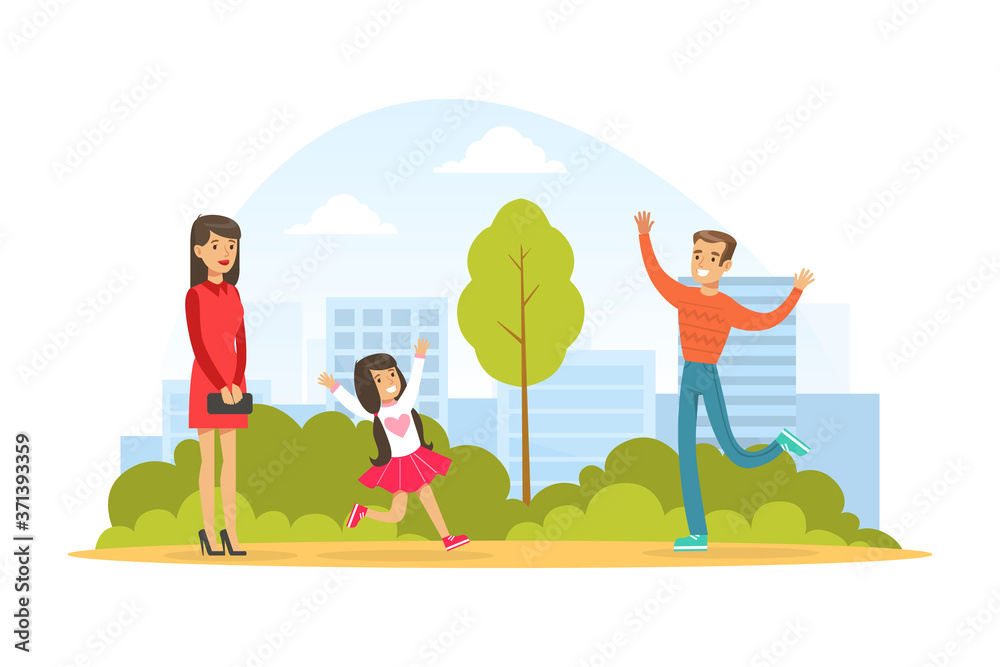 Family Walking in Park Outdoor, Cute Little Girl Running to Hug her Daddy, Kid Summer Outdoor Activity Cartoon Vector Illustration
