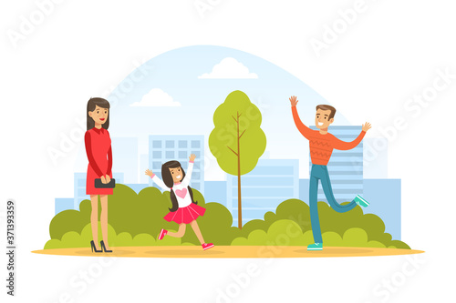 Family Walking in Park Outdoor, Cute Little Girl Running to Hug her Daddy, Kid Summer Outdoor Activity Cartoon Vector Illustration © topvectors