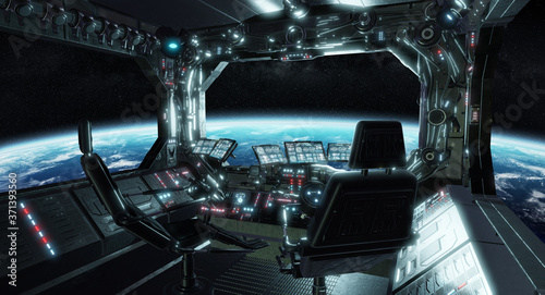 Fototapeta Naklejka Na Ścianę i Meble -  Spaceship grunge interior control room with view on space 3D rendering elements of this image furnished by NASA