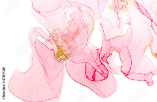 Alcohol ink pink abstract background. Floral style watercolor texture. Pink and gold paint stains illustration.