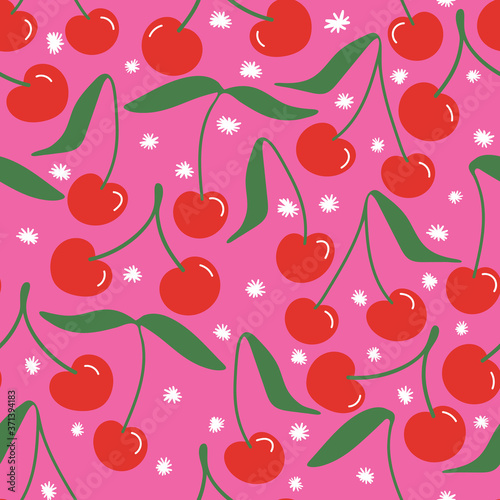 Playful bright cherries vector repeat pattern with doodle stars. Great for home decor, wrapping, fashion, scrapbooking, wallpaper, gift, kids, apparel.