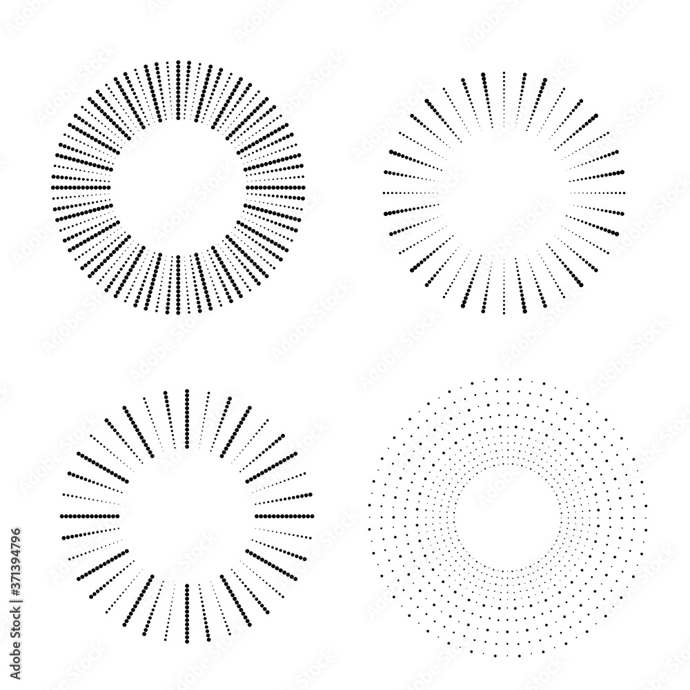 Fototapeta premium Radial halftone dots in Circle Form for comic books . fireworks Explosion background . Vector Illustration . Starburst round Logo . Circular Design element . Abstract Geometric star rays . Sunburst .