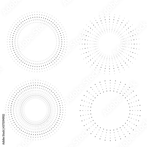 Radial halftone dots in Circle Form for comic books . fireworks Explosion background . Vector Illustration . Starburst round Logo . Circular Design element . Abstract Geometric star rays . Sunburst .