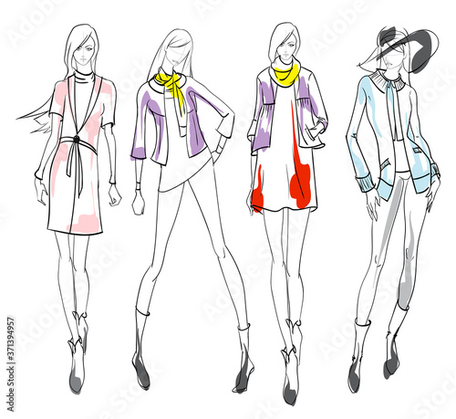 Beautiful young women in modern style.. Hand drawn stylish woman portrait. Fashion lady. Festive outfit. Sketch. Fashion model posing in dress. Hand drawn fashion woman.