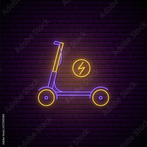 Neon electric scooter sign. Glowing kick scooter emblem in neon style. Vector scooter rent service icon for web and apps.
