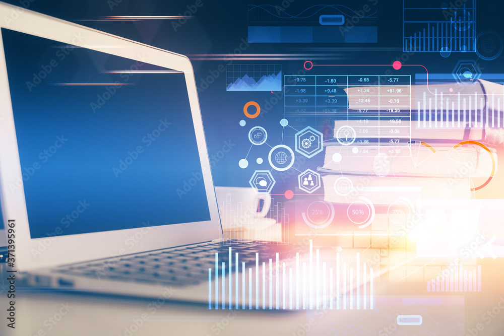Double exposure of desktop with personal computer on background and tech theme drawing. Concept of Bigdata. Double exposure of desktop with personal computer on background and tech theme drawing. Concept of Bigdata.