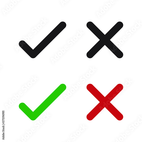 Check mark vector icon set. Right and wrong symbol. Approved and denied sign. Correct and incorrect button. Isolated on white background.