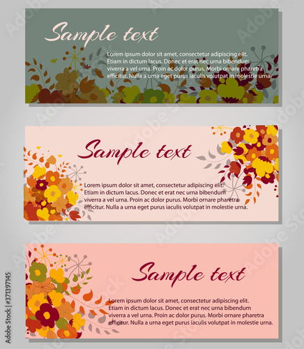 Set template card with flowers in grey and pink colors, vector illustration