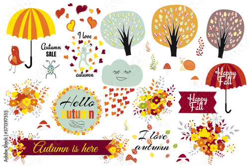 A set of drawn autumn elements, vector illustration
