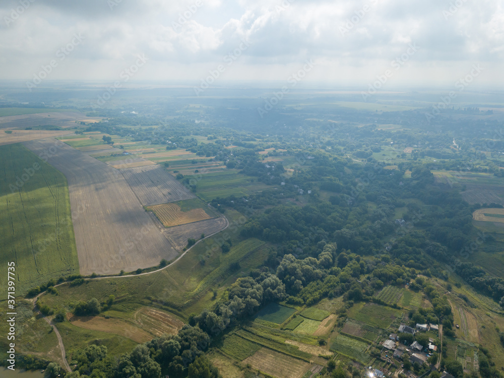 Ukrainian agricultural fields, aerial drone view.