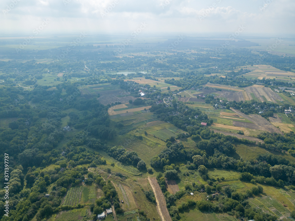 Ukrainian agricultural fields, aerial drone view.