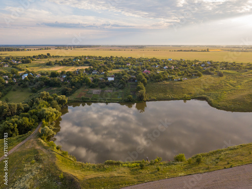 Country lake. Aerial drone view.