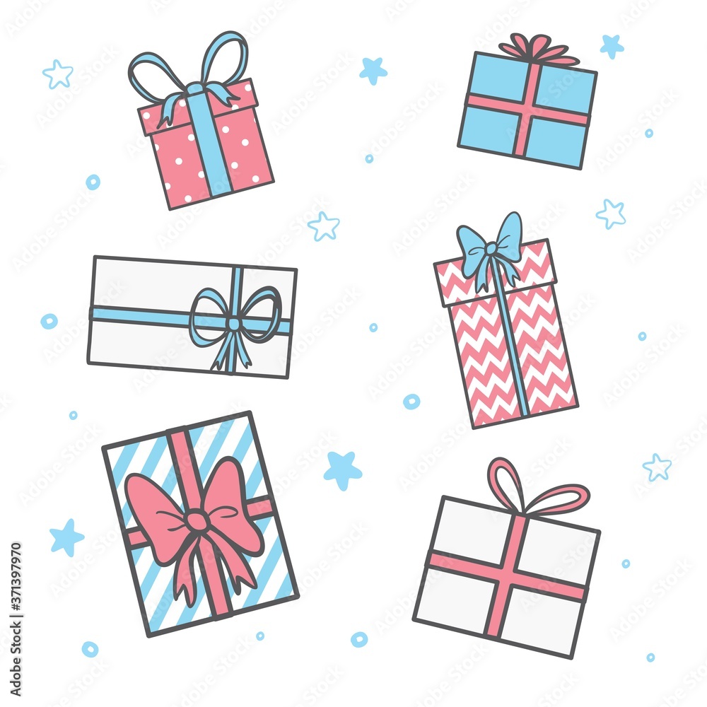 Set of colorful gift boxes with fashionable ribbons and bows isolated. Present box. Decorative stylish wrap for presents package gift. Modern packing gift product. Gifts collection web icon. Vector Set of colorful gift boxes with fashionable ribbons and bows isolated. Present box. Decorative stylish wrap for presents package gift. Modern packing gift product. Gifts collection web icon. Vector