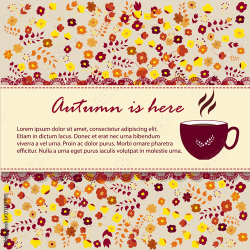 Frame with autumn flowers and a Cup of coffee, vector illustration