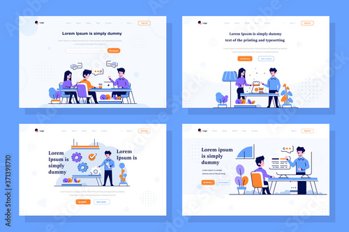 Landing Page vector Illustration flat and outline design style, discussion, meeting, solve problem, money investation, arrangement, setting, study online course