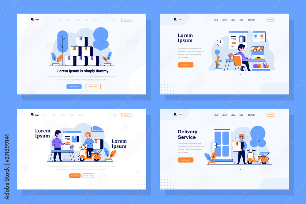 Landing Page vector Illustration flat and outline design style, piles of goods, online shop, marketplace transactions, delivery, shipment, courier, driver