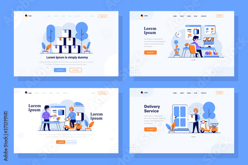 Landing Page vector Illustration flat and outline design style, piles of goods, online shop, marketplace transactions, delivery, shipment, courier, driver