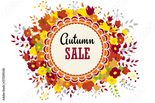 Autumn inscription with flowers, autumn sale, vector illustration