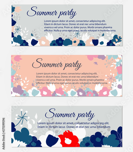 Set retro template card with flowers in green and pink colors