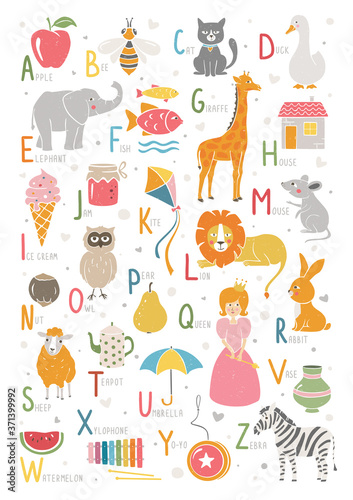 Cute English alphabet. Сolored ABC for children with animals, toys and other isolated on a transparent background. Handwritten text. Vector hand drawn illustration