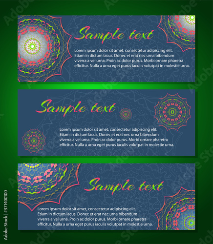 Set template card with mandala in green and pink colors