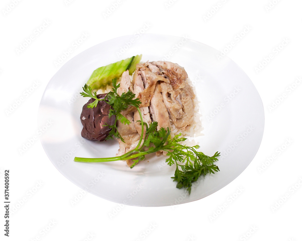 Homemade chicken rice isolated on white