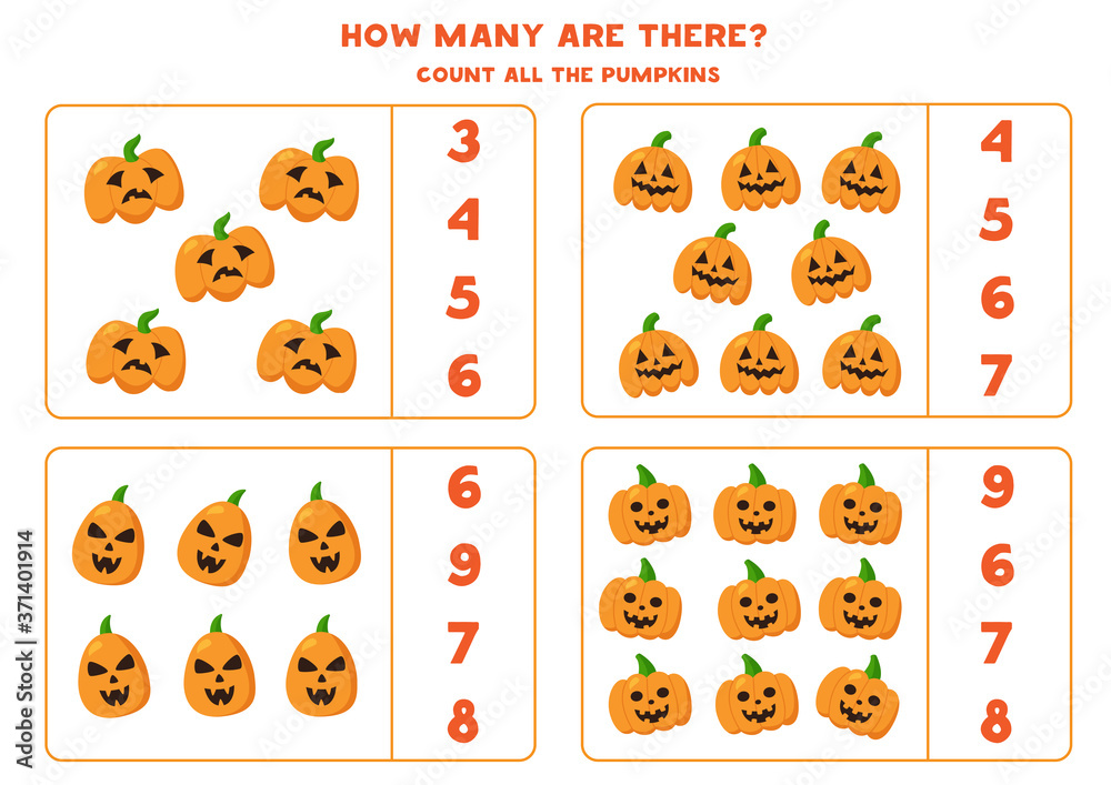 Counting Halloween jack o lantern pumpkin. Math game.