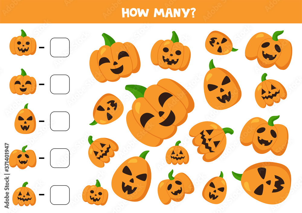 Count Halloween pumpkins and write down answers. Count Halloween pumpkins and write down answers.
